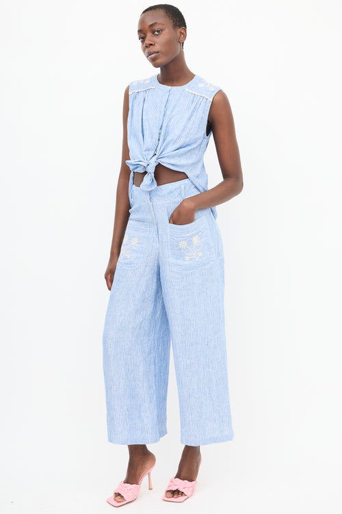 Louise Misha Blue Linen Striped Embroidered Co-Ord Set