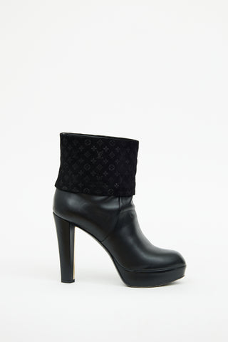 Louis Vuitton Black Leather 
Suede Art Deco Ankle Boot