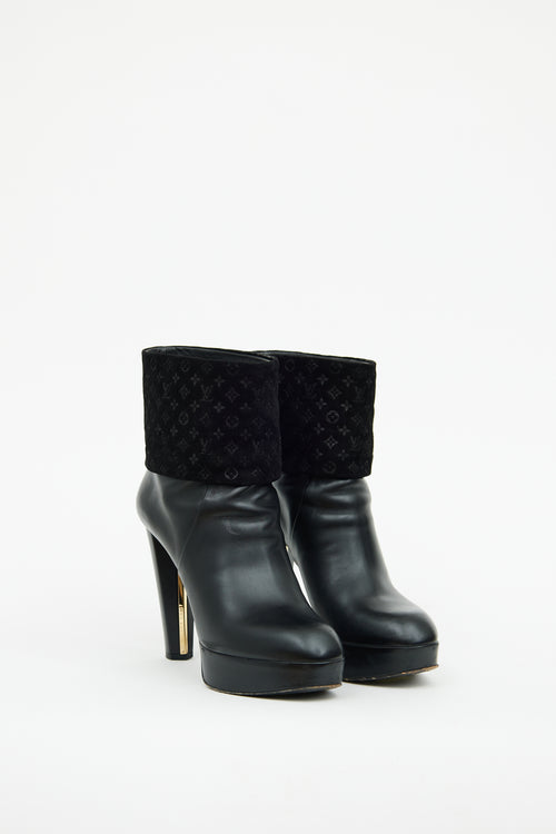 Louis Vuitton Black Leather 
Suede Art Deco Ankle Boot