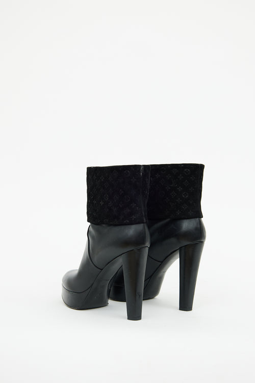 Louis Vuitton Black Leather 
Suede Art Deco Ankle Boot