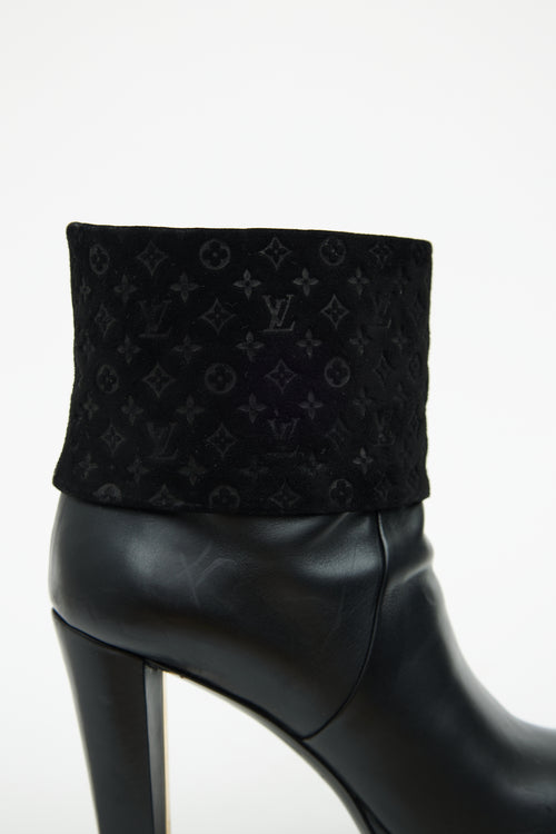 Louis Vuitton Black Leather 
Suede Art Deco Ankle Boot