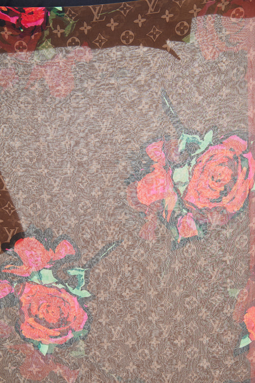 Louis Vuitton Brown 
Red Rose Silk Scarf