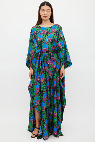 La DoubleJ Blue 
Multicolour Floral Belted Kaftan Dress