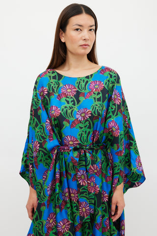 La DoubleJ Blue 
Multicolour Floral Belted Kaftan Dress