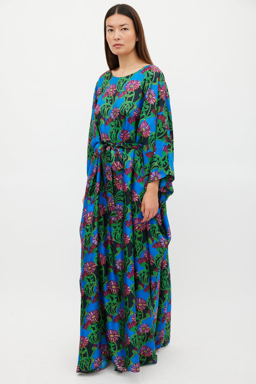 La DoubleJ Blue 
Multicolour Floral Belted Kaftan Dress