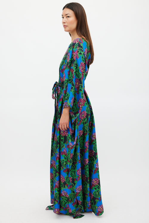 La DoubleJ Blue 
Multicolour Floral Belted Kaftan Dress