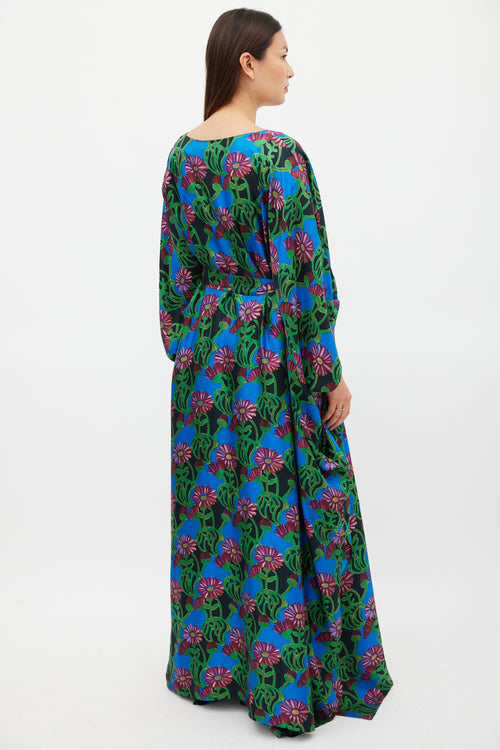 La DoubleJ Blue 
Multicolour Floral Belted Kaftan Dress