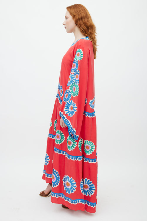 La DoubleJ Red 
Multicolour Floral Silk Dress