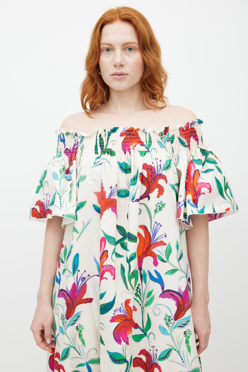 La DoubleJ White 
Multicolour Floral Off The Shoulder Dress