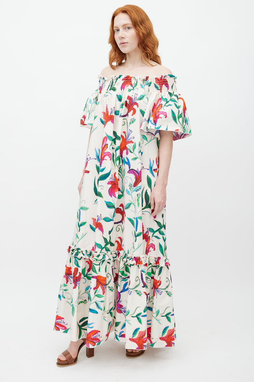 La DoubleJ White 
Multicolour Floral Off The Shoulder Dress