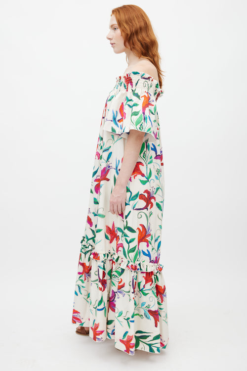 La DoubleJ White 
Multicolour Floral Off The Shoulder Dress