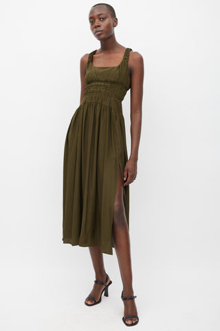 La Ligne Green Silk Smocked Dress