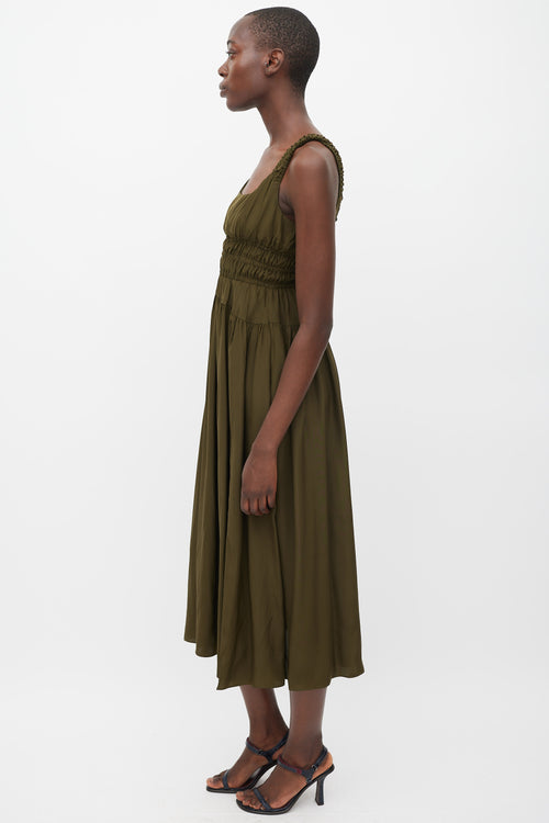 La Ligne Green Silk Smocked Dress