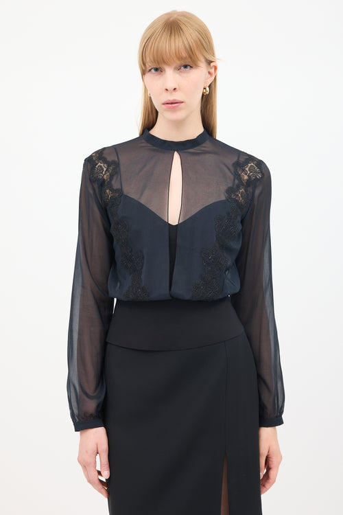 La Perla Black Silk Overlay Long Sleeve Top