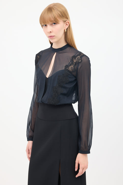 La Perla Black Silk Overlay Long Sleeve Top