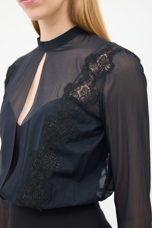 La Perla Black Silk Overlay Long Sleeve Top