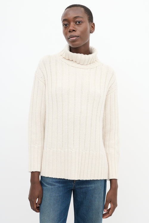 Lafayette148 Cream Cashmere Knit High Low Turtleneck Sweater