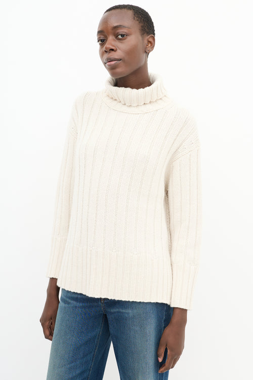 Lafayette148 Cream Cashmere Knit High Low Turtleneck Sweater