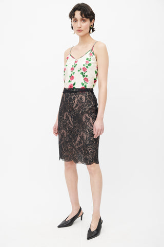 Lanvin 2010 Pink 
Black Lace Gathered Skirt