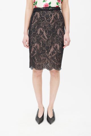 Lanvin 2010 Pink 
Black Lace Gathered Skirt