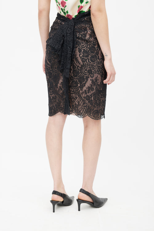 Lanvin 2010 Pink 
Black Lace Gathered Skirt