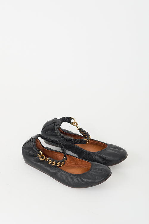 Lanvin Black 
Gold Leather Braided Strap Ballet Flat