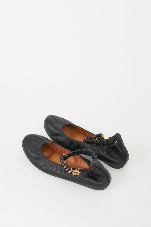 Lanvin Black 
Gold Leather Braided Strap Ballet Flat