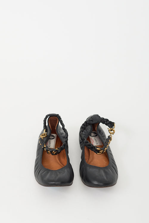 Lanvin Black 
Gold Leather Braided Strap Ballet Flat