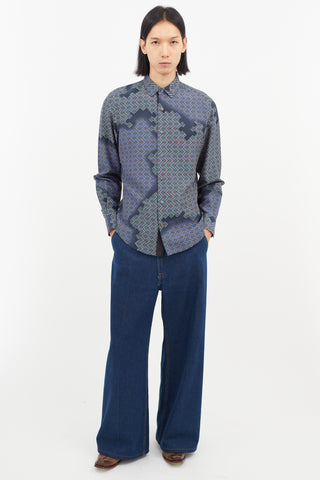 Lanvin Blue 
Multicolour Silk Geometric Shirt