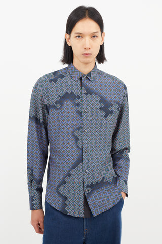 Lanvin Blue 
Multicolour Silk Geometric Shirt