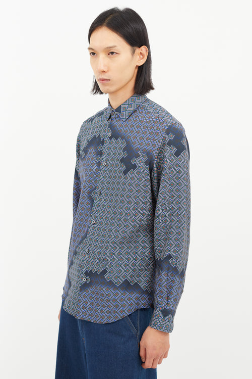 Lanvin Blue 
Multicolour Silk Geometric Shirt