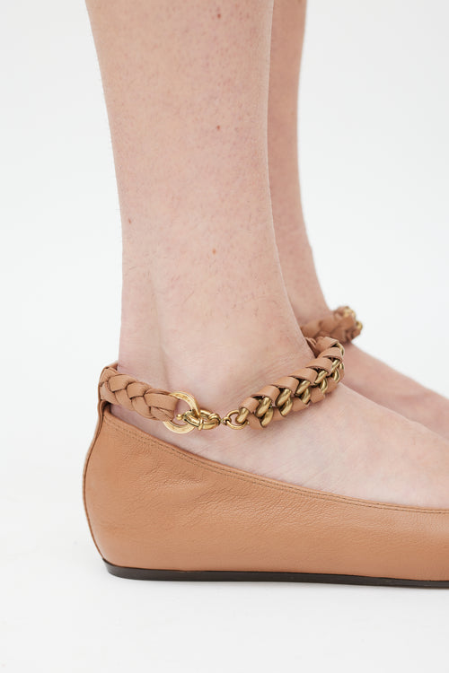 Lanvin Brown 
Gold Leather Braided Strap Ballet Flat