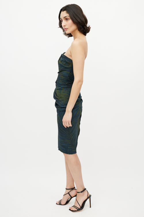 Lanvin Green 
Navy Leaf Print Bustier Dress