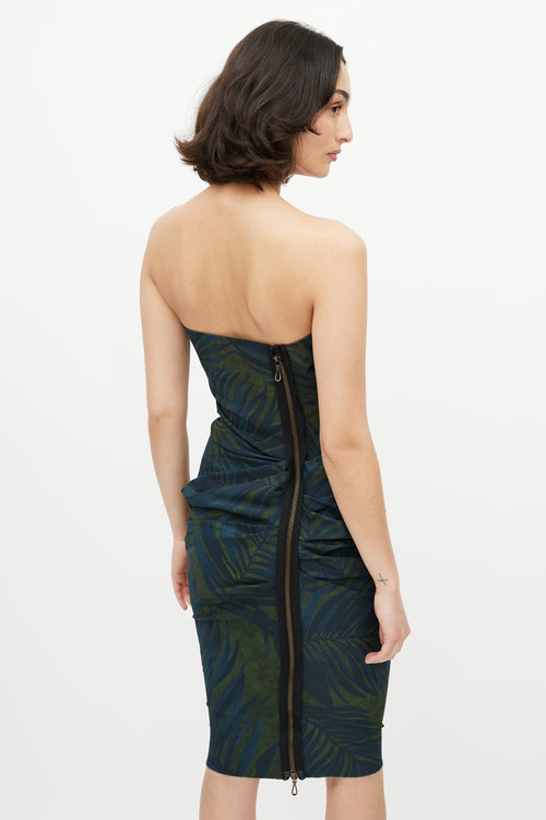 Lanvin Green 
Navy Leaf Print Bustier Dress