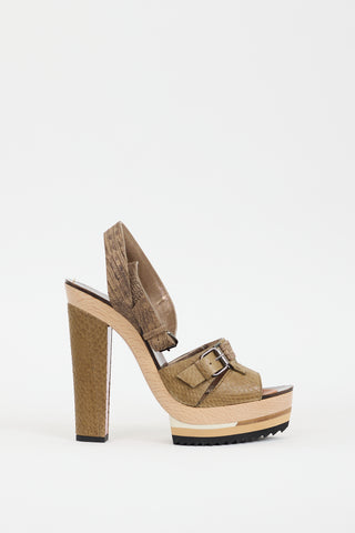 Lanvin Khaki Green 
Multicolour Textured Leather Platform Heel