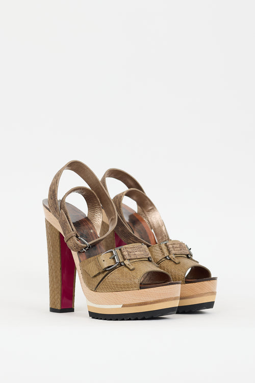 Lanvin Khaki Green 
Multicolour Textured Leather Platform Heel