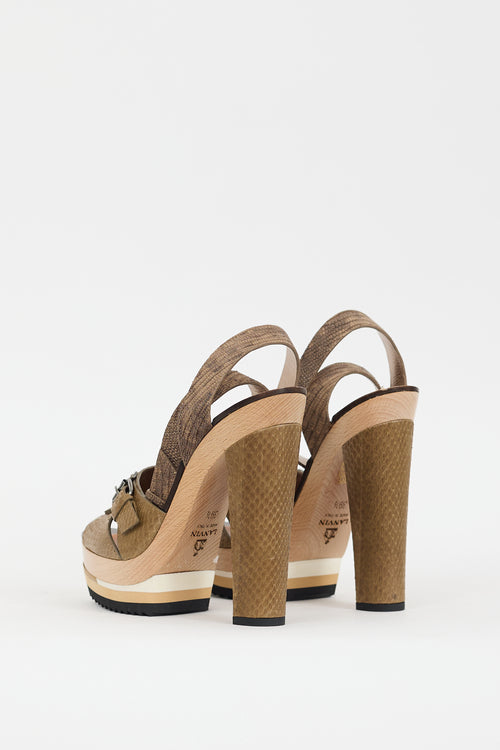 Lanvin Khaki Green 
Multicolour Textured Leather Platform Heel