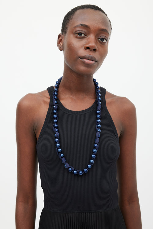 Lanvin Navy Grosgrain Ribbon Bead Necklace