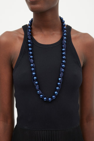 Lanvin Navy Grosgrain Ribbon Bead Necklace