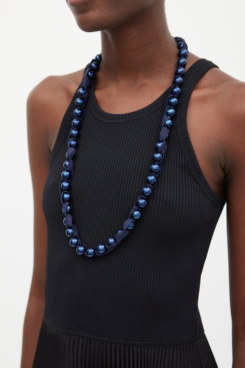 Lanvin Navy Grosgrain Ribbon Bead Necklace