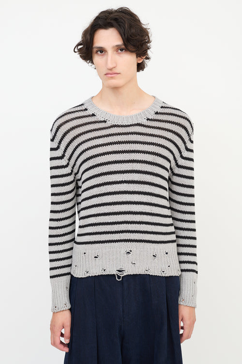 Lardini Grey 
Black Wool Distressed Knit Striped Sweater