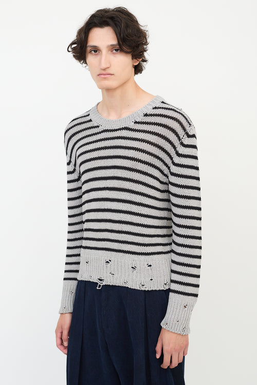 Lardini Grey 
Black Wool Distressed Knit Striped Sweater