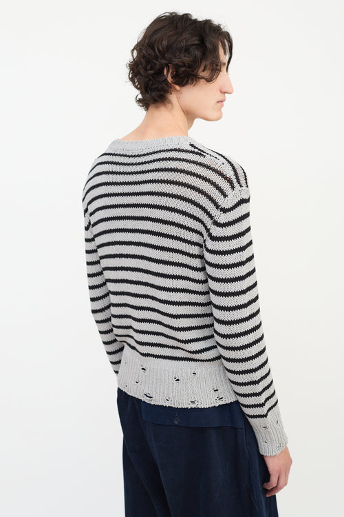 Lardini Grey 
Black Wool Distressed Knit Striped Sweater