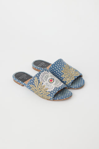 Laurence Dacade Blue 
Multi Denim Embroidered Slide