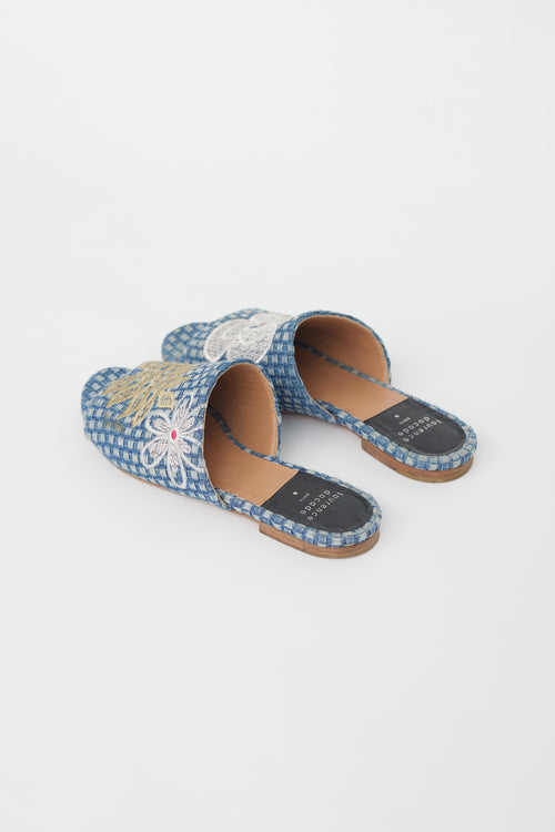 Laurence Dacade Blue 
Multi Denim Embroidered Slide