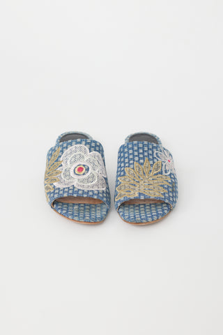 Laurence Dacade Blue 
Multi Denim Embroidered Slide