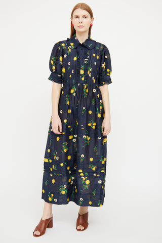 Lee Mathews Navy Yellow Linen Maxi Dress