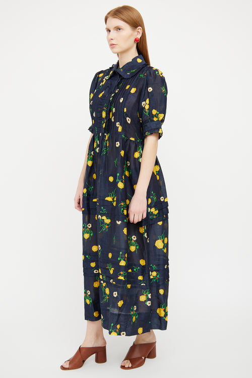 Lee Mathews Navy Yellow Linen Maxi Dress