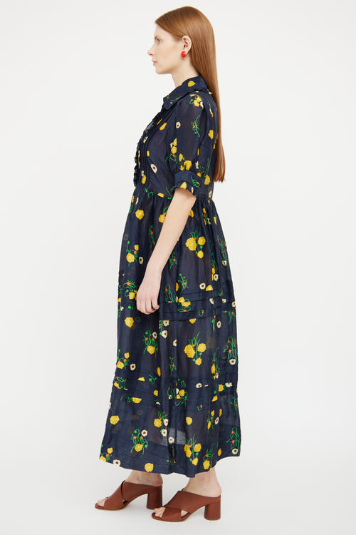 Lee Mathews Navy Yellow Linen Maxi Dress