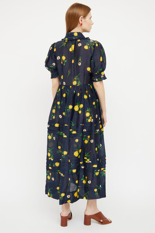 Lee Mathews Navy Yellow Linen Maxi Dress